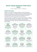 Electric Charge & Electric Fields Vocabulary Choice Board sample page
