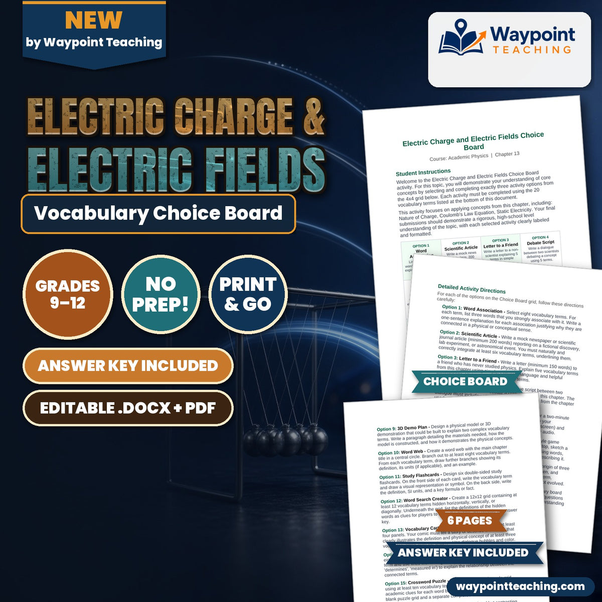 Electric Charge & Electric Fields Vocabulary Choice Board cover