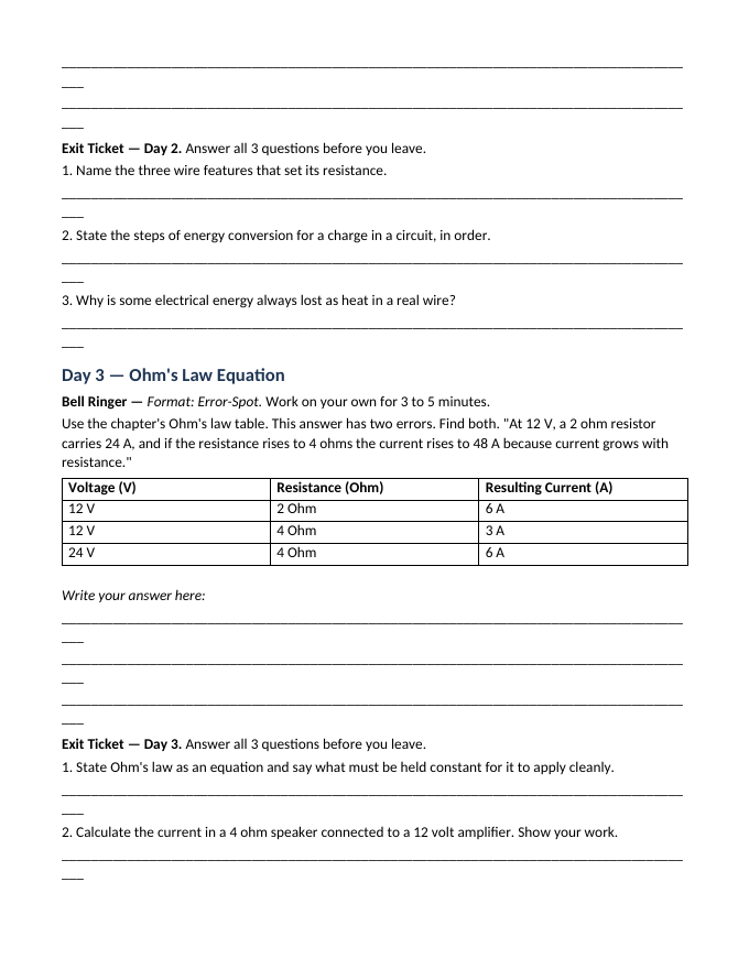 Electric Current & Voltage Bell Ringers & Exit Tickets sample page