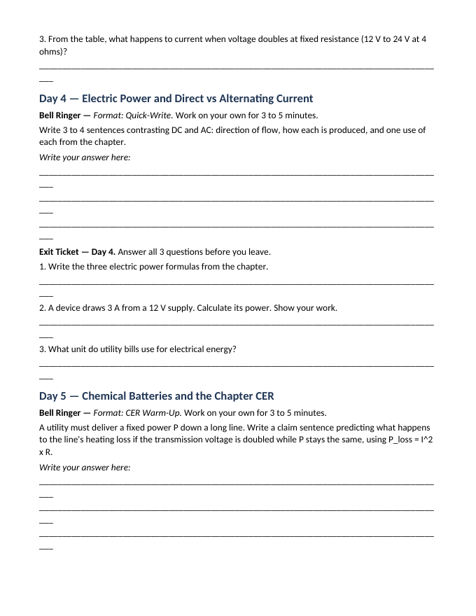 Electric Current & Voltage Bell Ringers & Exit Tickets sample page
