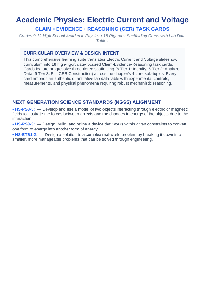 Electric Current & Voltage CER Task Cards sample page