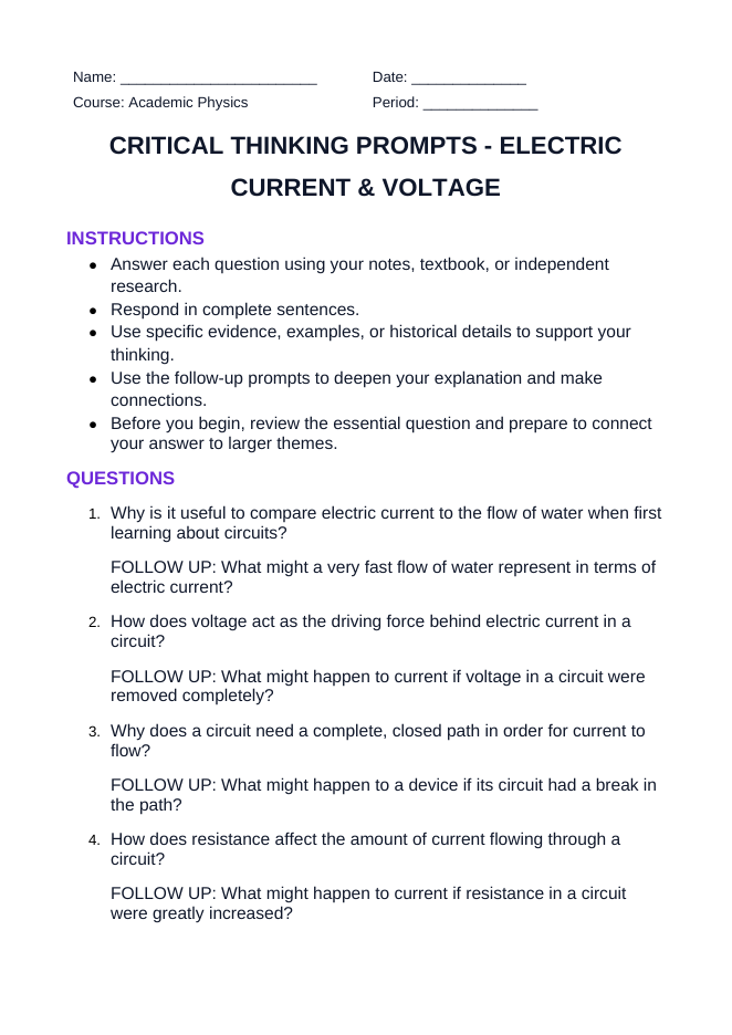 Electric Current & Voltage Critical Thinking Prompts sample page
