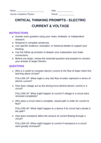 Electric Current & Voltage Critical Thinking Prompts sample page