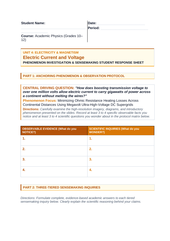 Electric Current & Voltage Phenomena-Based Lesson: Minimizing Ohmic Resistance Heating Losses Across Continental Distances Using Megavolt Ultra-High-Voltage DC Supergrids Student Response Sheet sample page