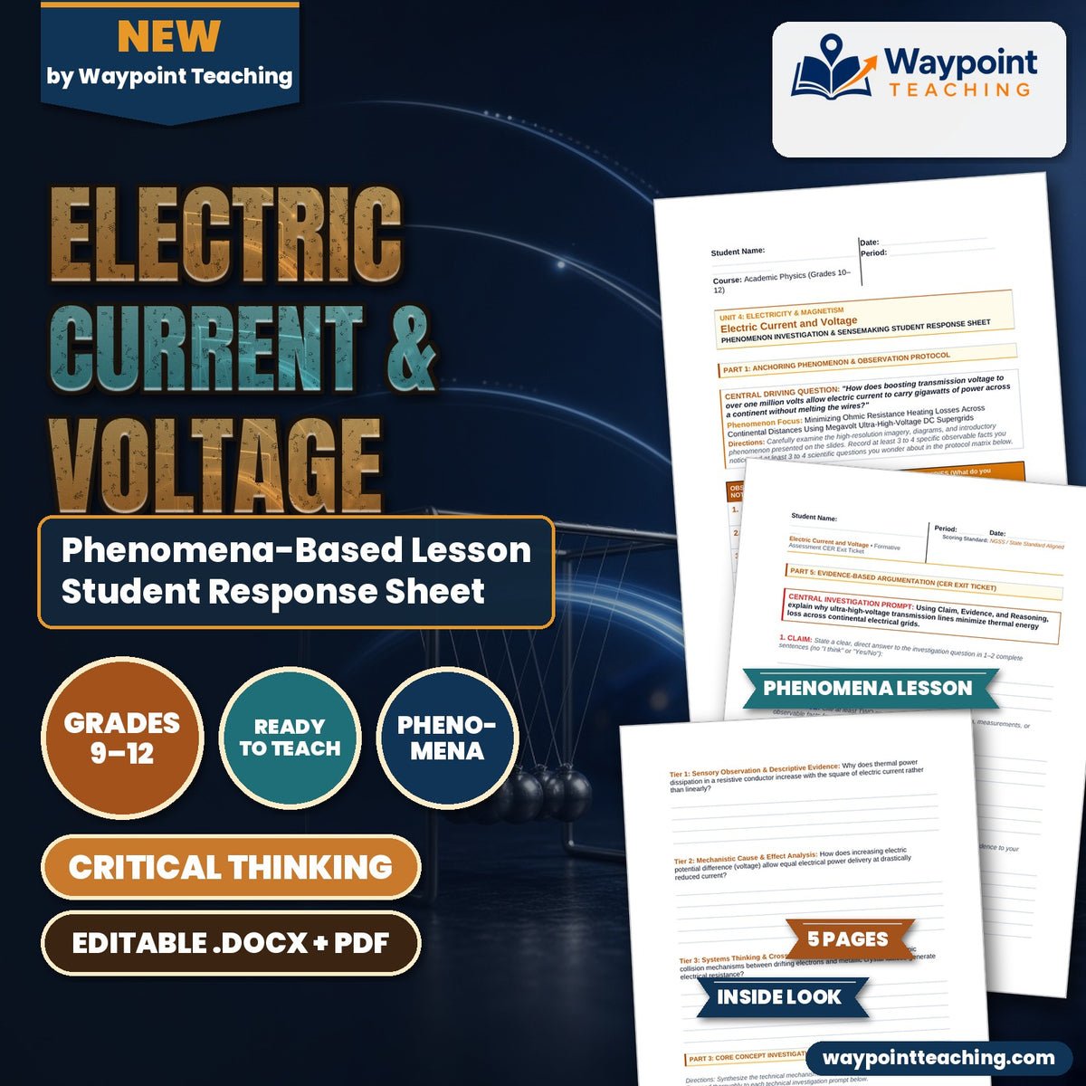 Electric Current & Voltage Phenomena-Based Lesson: Minimizing Ohmic Resistance Heating Losses Across Continental Distances Using Megavolt Ultra-High-Voltage DC Supergrids Student Response Sheet cover