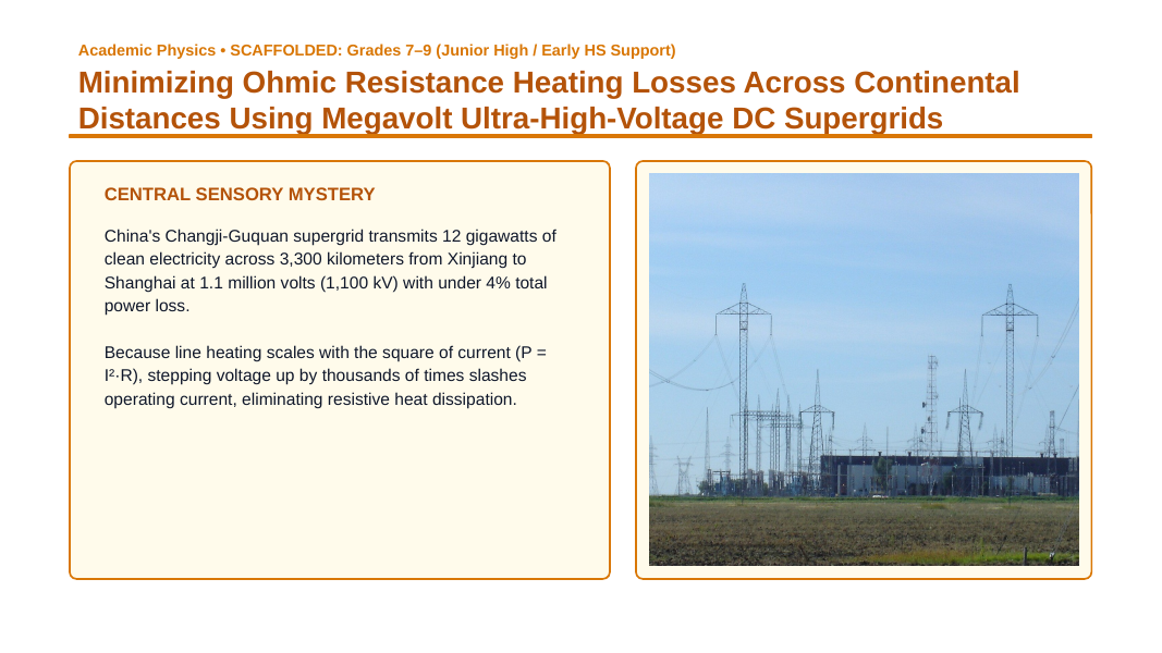 Electric Current & Voltage Scaffolded Phenomena-Based Lesson: Minimizing Ohmic Resistance Heating Losses Across Continental Distances Using Megavolt Ultra-High-Voltage DC Supergrids Presentation sample page