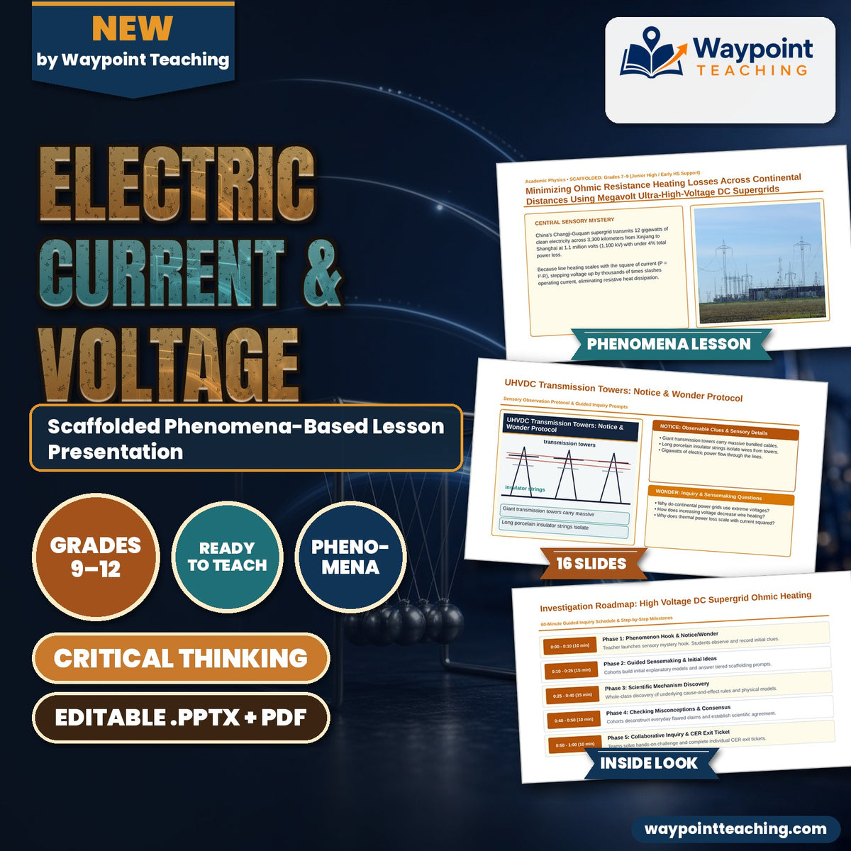 Electric Current & Voltage Scaffolded Phenomena-Based Lesson: Minimizing Ohmic Resistance Heating Losses Across Continental Distances Using Megavolt Ultra-High-Voltage DC Supergrids Presentation cover