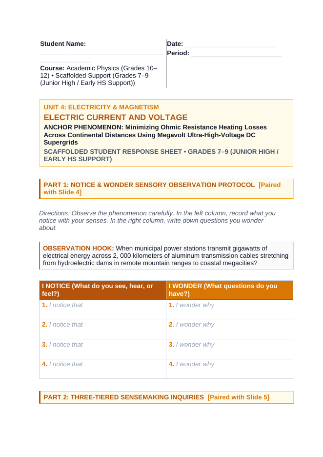 Electric Current & Voltage Scaffolded Phenomena-Based Lesson: Minimizing Ohmic Resistance Heating Losses Across Continental Distances Using Megavolt Ultra-High-Voltage DC Supergrids Student Response Sheet sample page