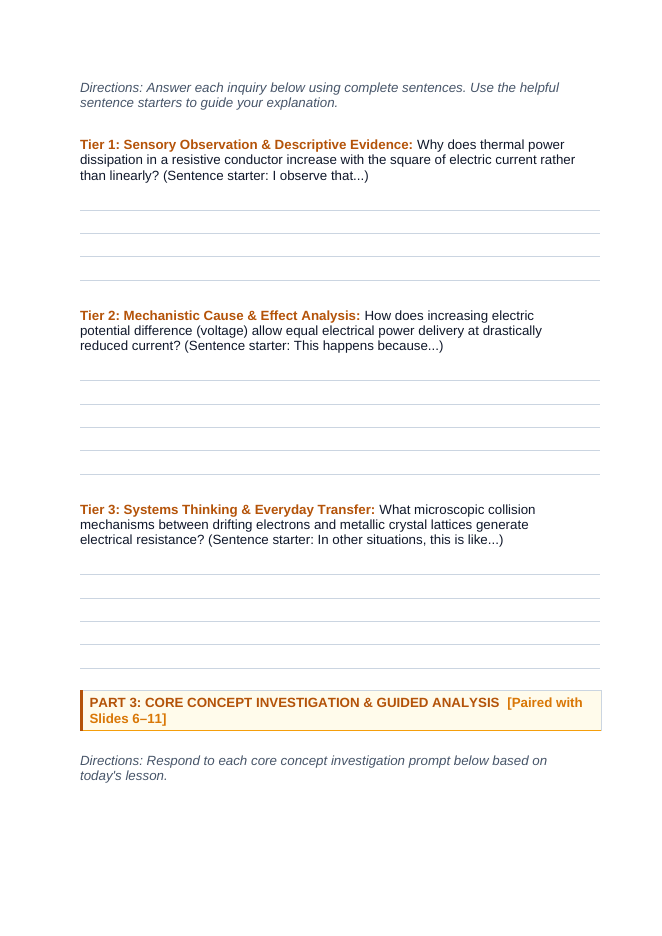 Electric Current & Voltage Scaffolded Phenomena-Based Lesson: Minimizing Ohmic Resistance Heating Losses Across Continental Distances Using Megavolt Ultra-High-Voltage DC Supergrids Student Response Sheet sample page