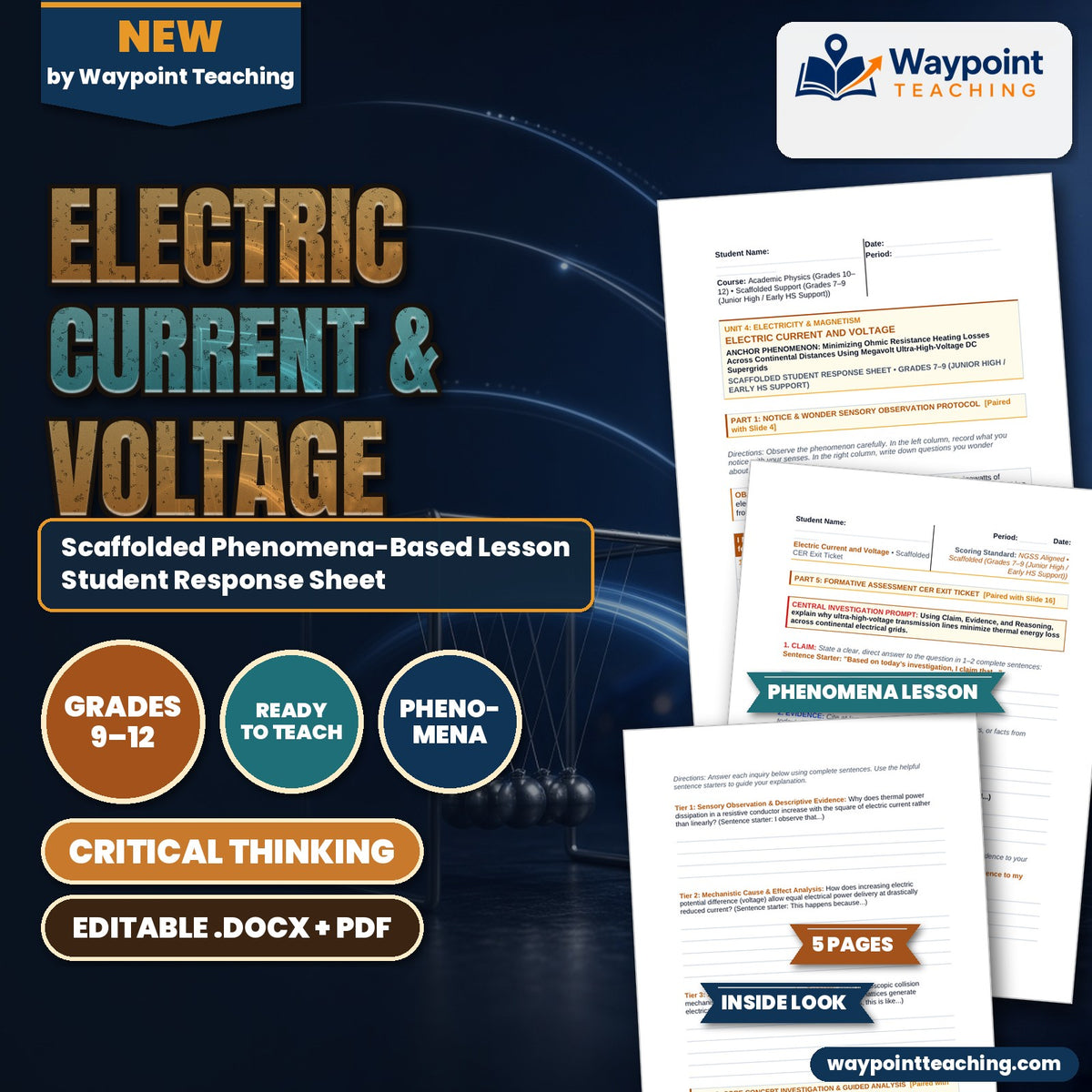 Electric Current & Voltage Scaffolded Phenomena-Based Lesson: Minimizing Ohmic Resistance Heating Losses Across Continental Distances Using Megavolt Ultra-High-Voltage DC Supergrids Student Response Sheet cover