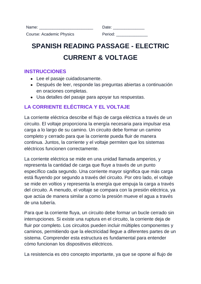 Electric Current & Voltage Spanish Reading Passage & Comprehension Questions sample page