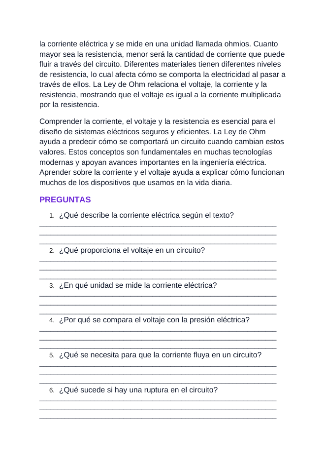 Electric Current & Voltage Spanish Reading Passage & Comprehension Questions sample page
