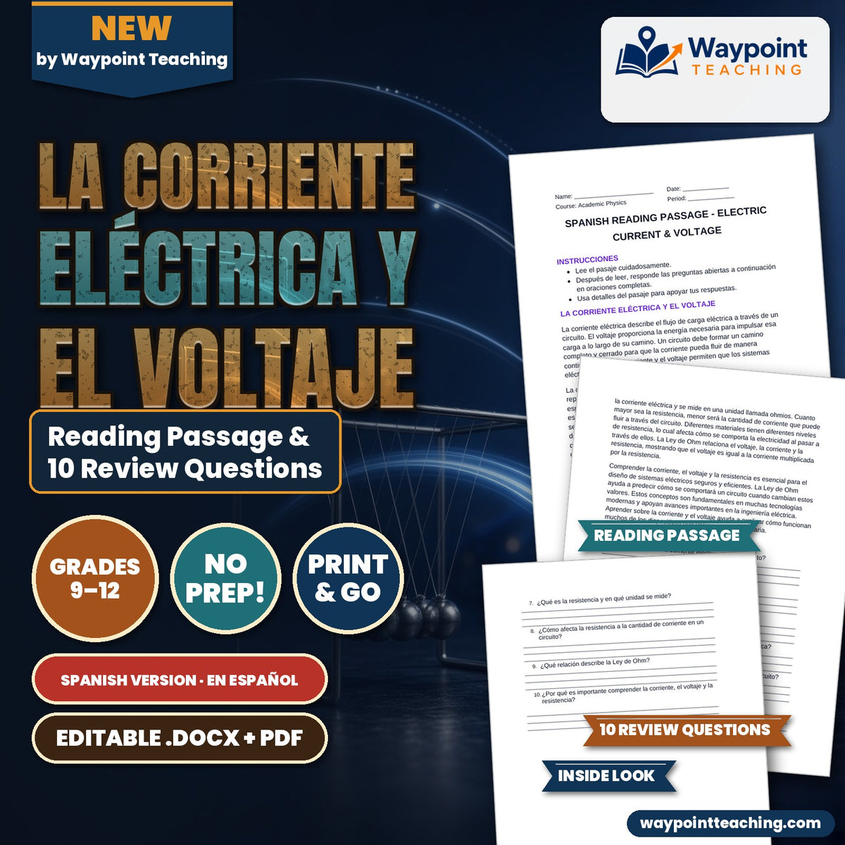 Electric Current & Voltage Spanish Reading Passage & Comprehension Questions cover
