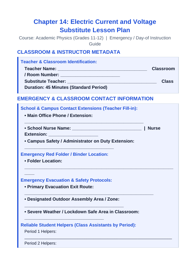 Electric Current & Voltage Substitute Lesson Plan sample page