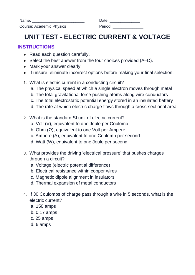 Electric Current & Voltage Unit Test sample page
