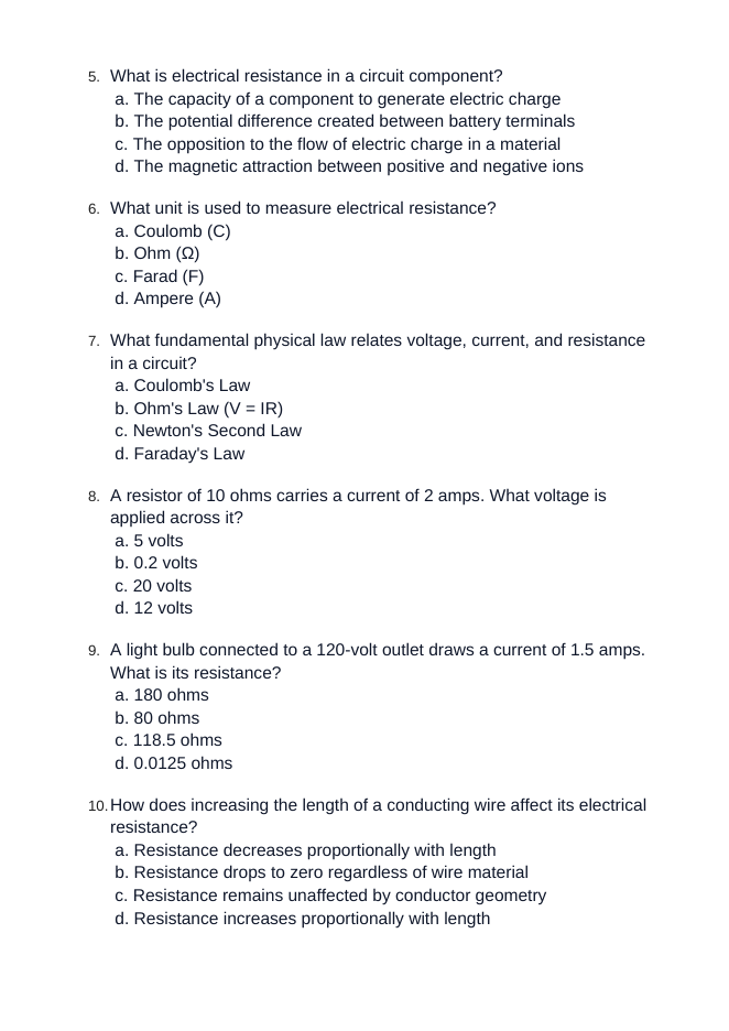 Electric Current & Voltage Unit Test sample page