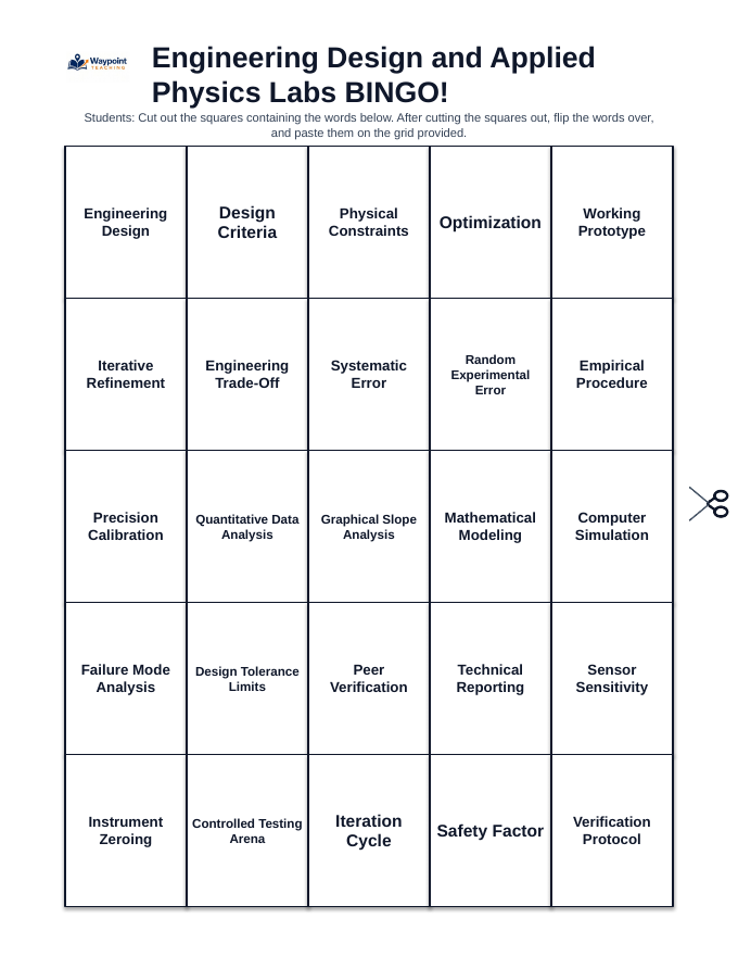Engineering Design & Applied Physics Labs BINGO Review Game sample page