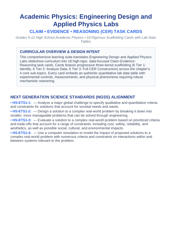 Engineering Design & Applied Physics Labs CER Task Cards sample page