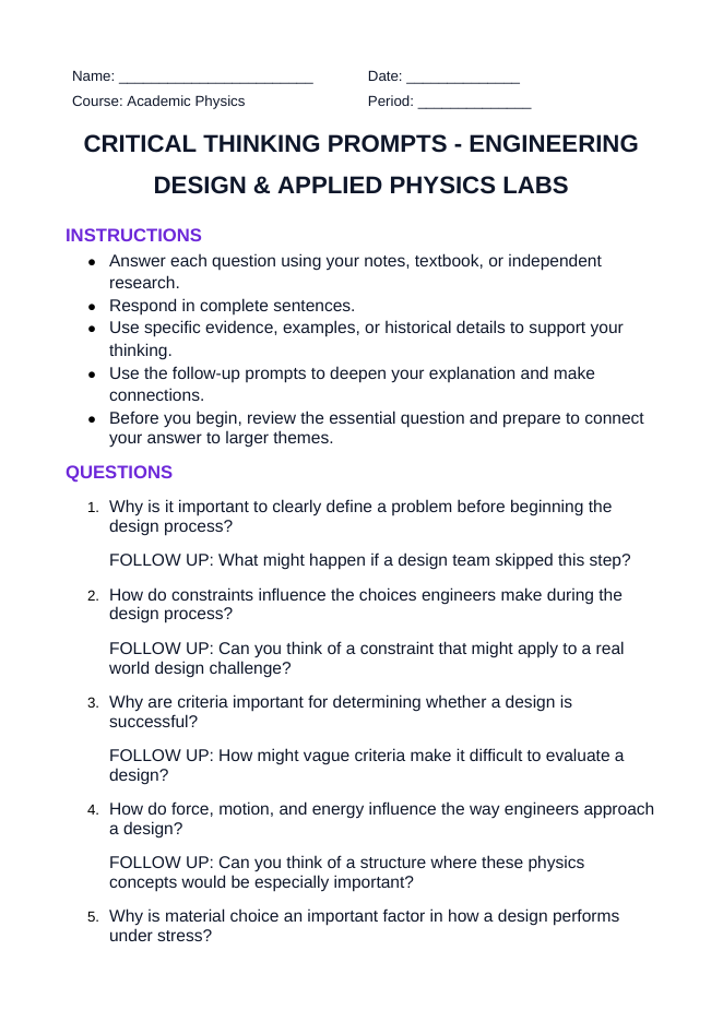 Engineering Design & Applied Physics Labs Critical Thinking Prompts sample page