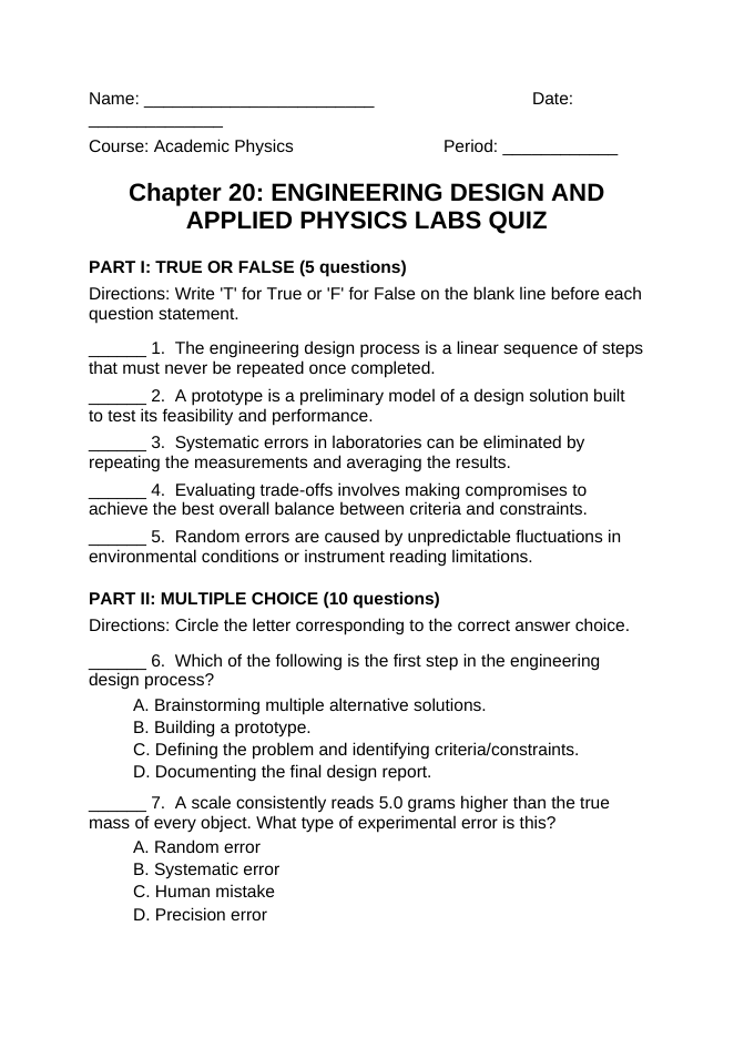 Engineering Design & Applied Physics Labs Lesson Quiz sample page