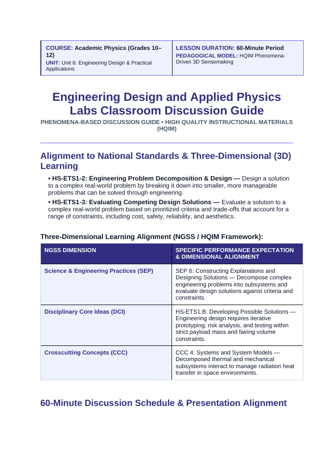 Engineering Design & Applied Physics Labs Phenomena-Based Lesson: Flawless Multi-Stage Mechanical Deployment of the James Webb Space Telescope's Tennis-Court-Sized Cryogenic Sunshield at Lagrange Point 2 Teacher Discussion Guide sample page