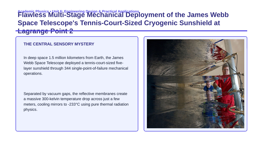 Engineering Design & Applied Physics Labs Phenomena-Based Lesson: Flawless Multi-Stage Mechanical Deployment of the James Webb Space Telescope's Tennis-Court-Sized Cryogenic Sunshield at Lagrange Point 2 Presentation sample page
