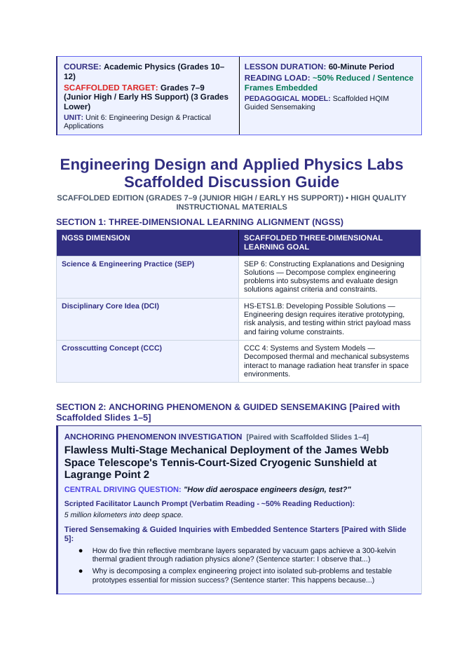 Engineering Design & Applied Physics Labs Scaffolded Phenomena-Based Lesson: Flawless Multi-Stage Mechanical Deployment of the James Webb Space Telescope's Tennis-Court-Sized Cryogenic Sunshield at Lagrange Point 2 Teacher Discussion Guide sample page