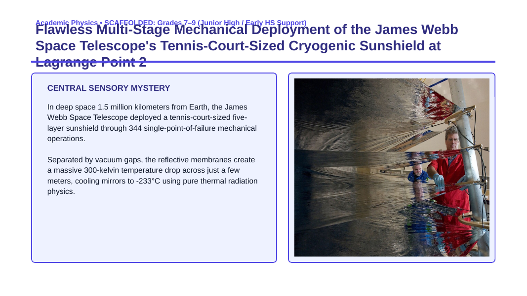 Engineering Design & Applied Physics Labs Scaffolded Phenomena-Based Lesson: Flawless Multi-Stage Mechanical Deployment of the James Webb Space Telescope's Tennis-Court-Sized Cryogenic Sunshield at Lagrange Point 2 Presentation sample page