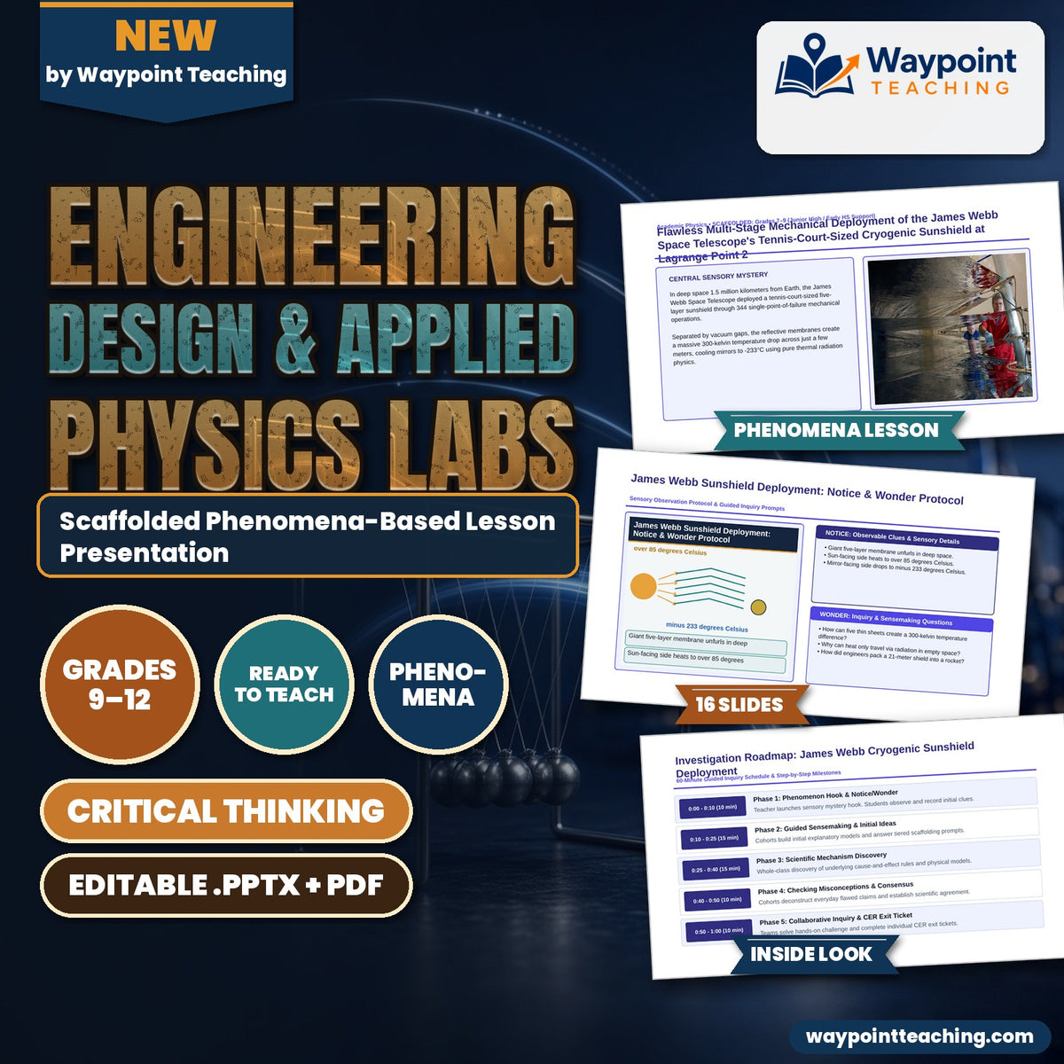 Engineering Design & Applied Physics Labs Scaffolded Phenomena-Based Lesson: Flawless Multi-Stage Mechanical Deployment of the James Webb Space Telescope's Tennis-Court-Sized Cryogenic Sunshield at Lagrange Point 2 Presentation cover