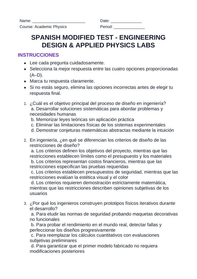 Engineering Design & Applied Physics Labs Spanish Unit Test sample page