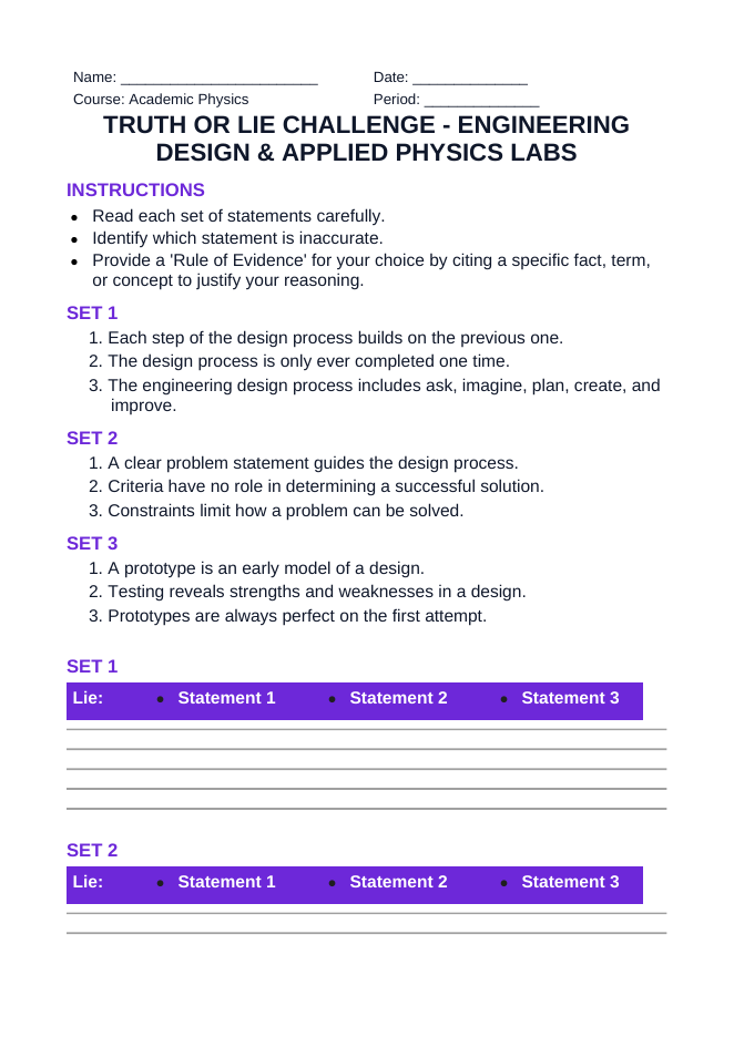 Engineering Design & Applied Physics Labs Truth or Lie Challenge sample page