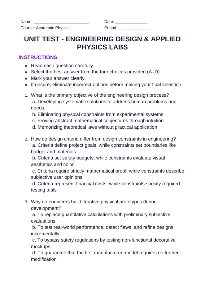 Engineering Design & Applied Physics Labs Unit Test sample page