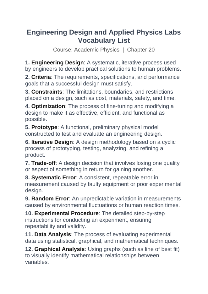 Engineering Design & Applied Physics Labs Vocabulary Words & Definitions sample page