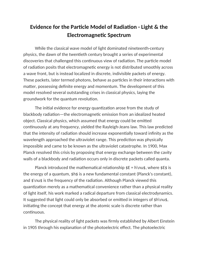 Evidence for the Particle Model of Radiation Reading Worksheet sample page