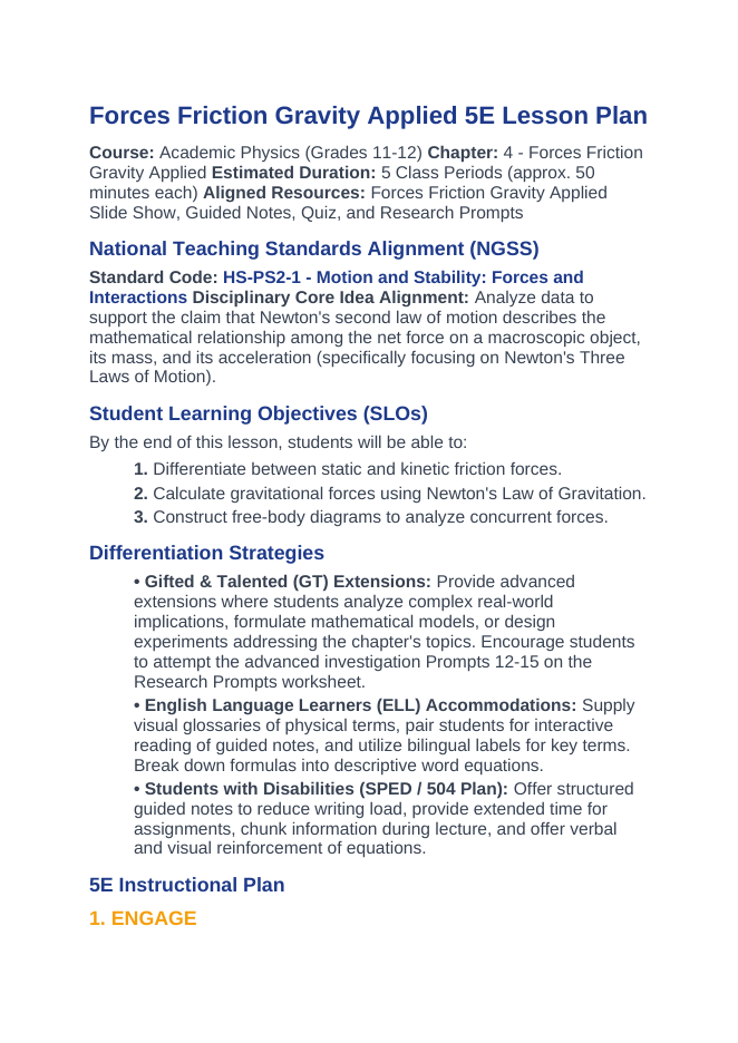 Forces: Friction, Gravity, & Applied Forces 5E Lesson Plan sample page
