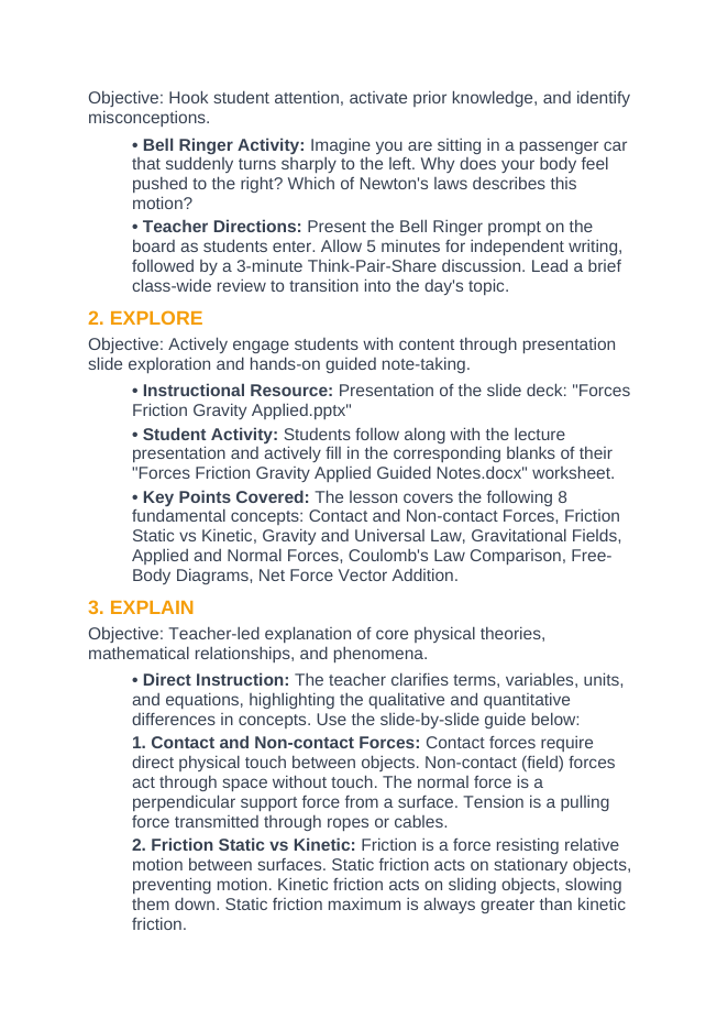 Forces: Friction, Gravity, & Applied Forces 5E Lesson Plan sample page