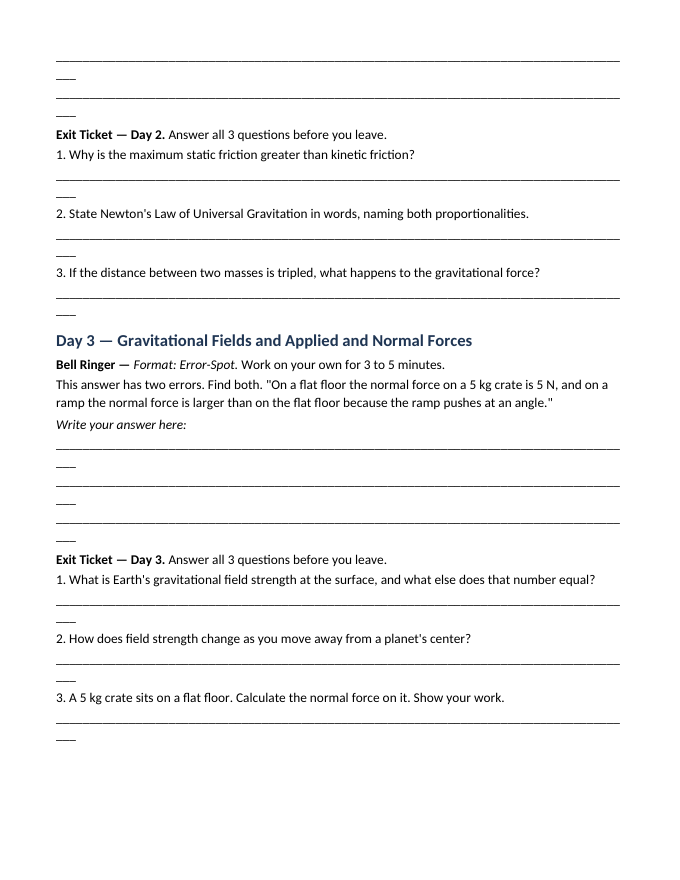 Forces: Friction, Gravity, & Applied Forces Bell Ringers & Exit Tickets sample page