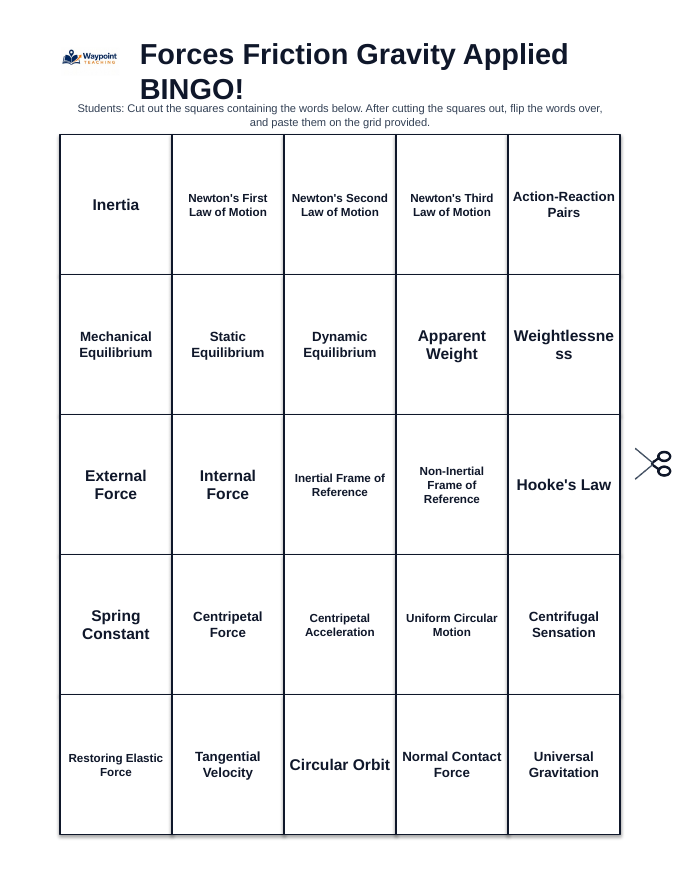 Forces: Friction, Gravity, & Applied Forces BINGO Review Game sample page