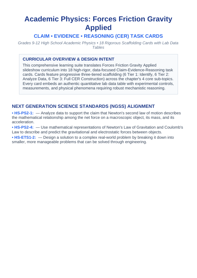 Forces: Friction, Gravity, & Applied Forces CER Task Cards sample page