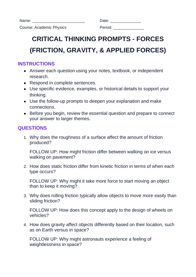 Forces: Friction, Gravity, & Applied Forces Critical Thinking Prompts sample page