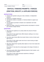 Forces: Friction, Gravity, & Applied Forces Critical Thinking Prompts sample page