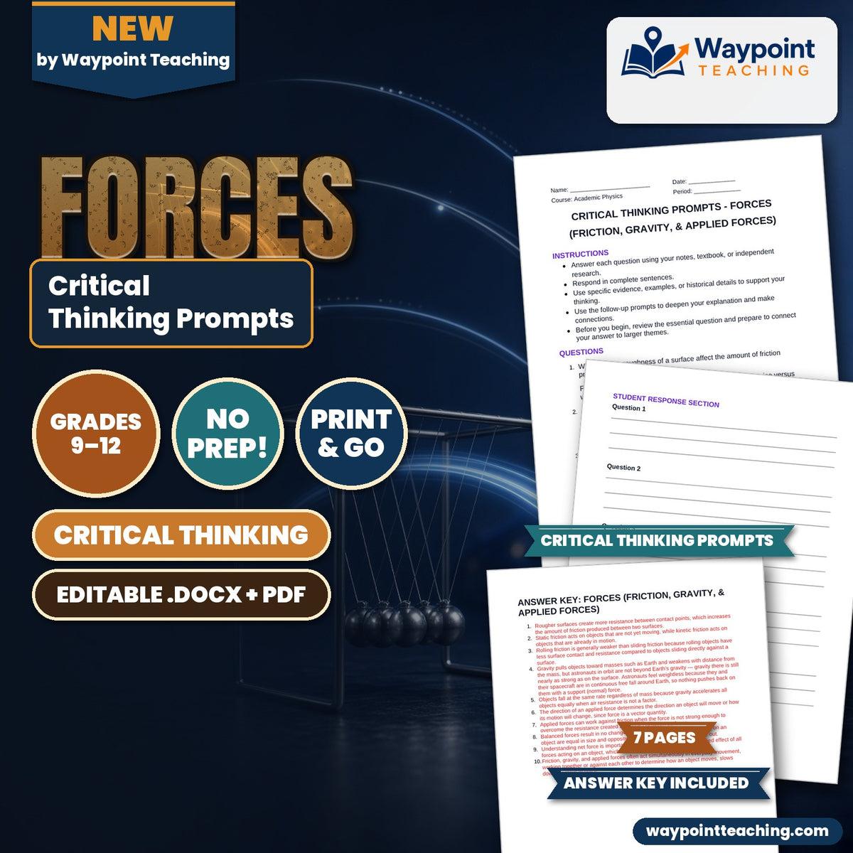 Forces: Friction, Gravity, & Applied Forces Critical Thinking Prompts cover