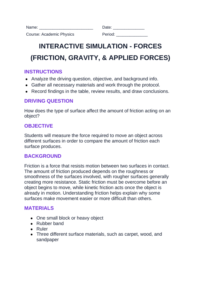 Forces: Friction, Gravity, & Applied Forces Interactive Simulation sample page
