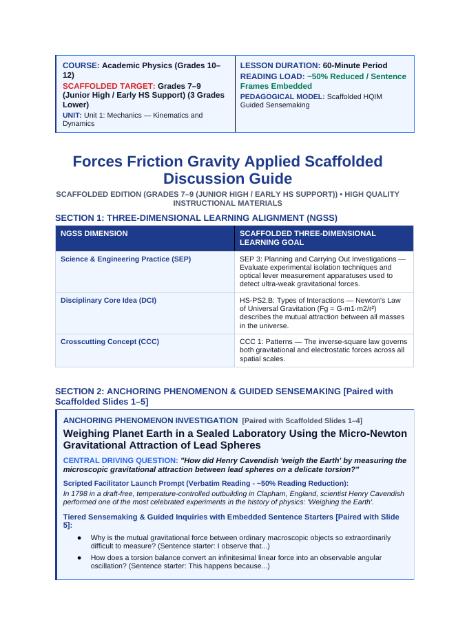 Forces: Friction, Gravity, & Applied Forces Scaffolded Phenomena-Based Lesson: Weighing Planet Earth in a Sealed Laboratory Using the Micro-Newton Gravitational Attraction of Lead Spheres Teacher Discussion Guide sample page