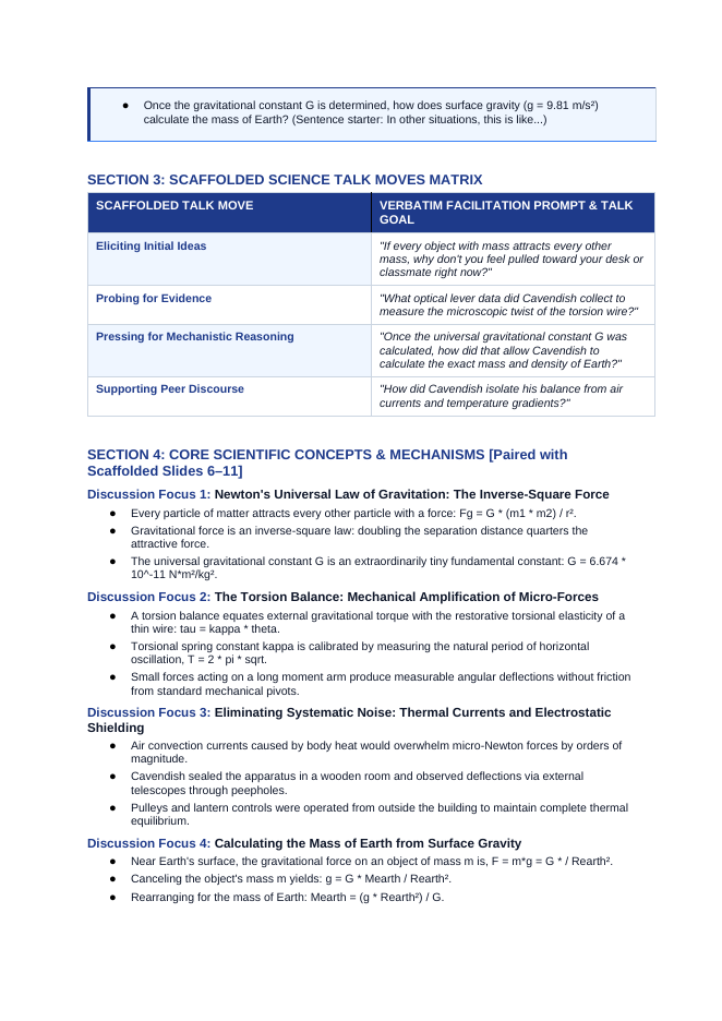 Forces: Friction, Gravity, & Applied Forces Scaffolded Phenomena-Based Lesson: Weighing Planet Earth in a Sealed Laboratory Using the Micro-Newton Gravitational Attraction of Lead Spheres Teacher Discussion Guide sample page