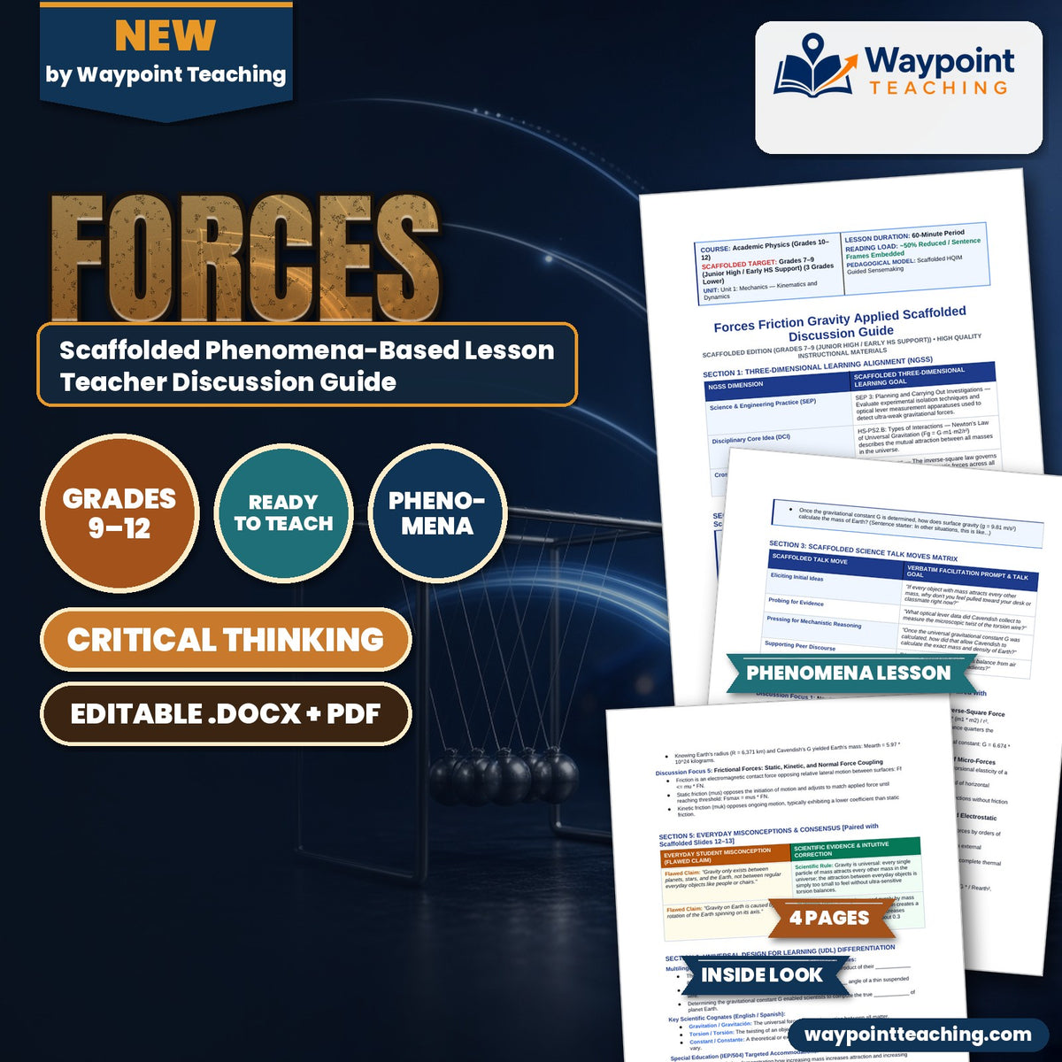 Forces: Friction, Gravity, & Applied Forces Scaffolded Phenomena-Based Lesson: Weighing Planet Earth in a Sealed Laboratory Using the Micro-Newton Gravitational Attraction of Lead Spheres Teacher Discussion Guide cover