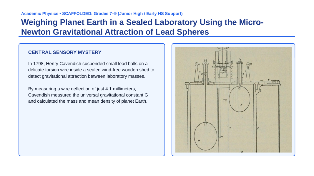 Forces: Friction, Gravity, & Applied Forces Scaffolded Phenomena-Based Lesson: Weighing Planet Earth in a Sealed Laboratory Using the Micro-Newton Gravitational Attraction of Lead Spheres Presentation sample page
