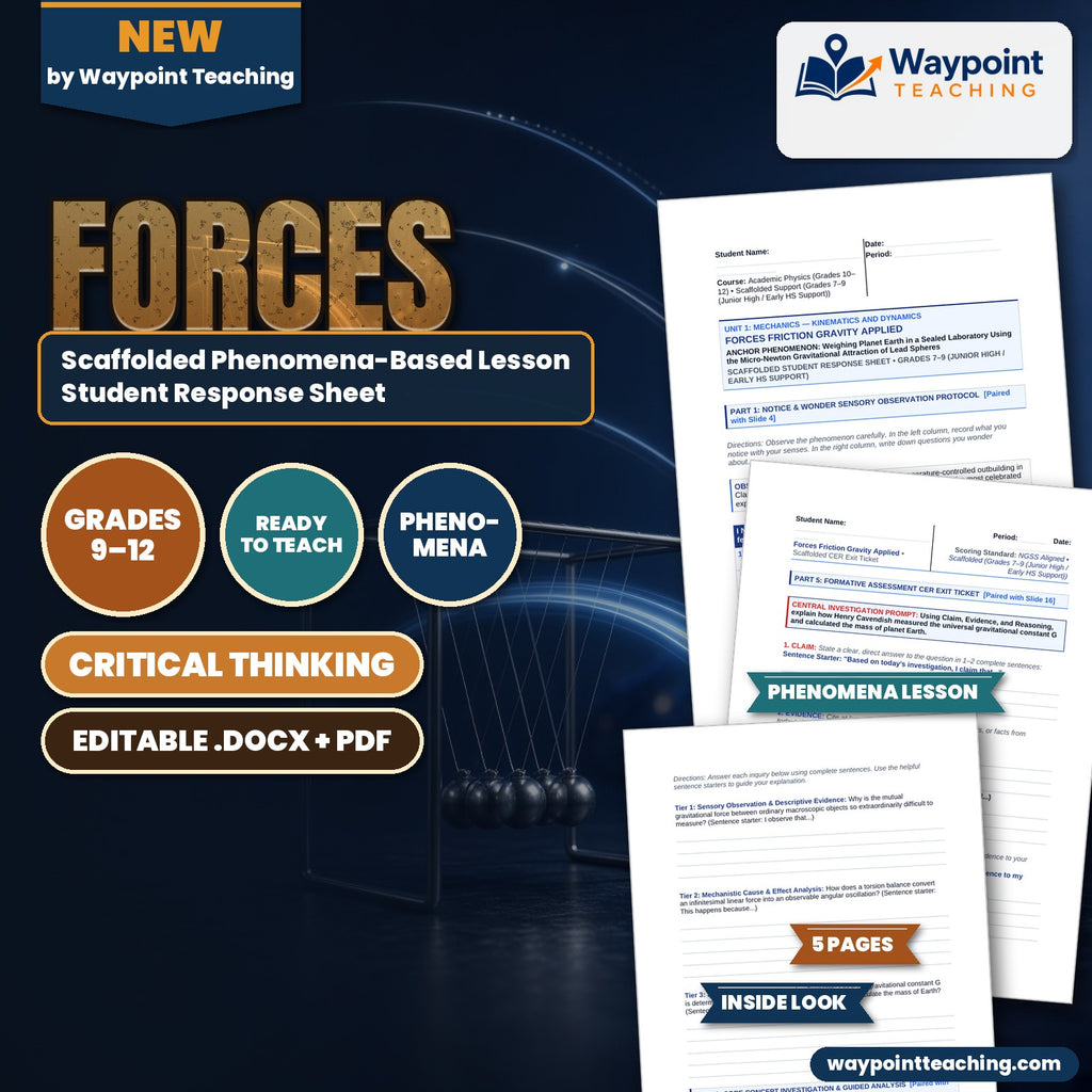 Forces: Friction, Gravity, & Applied Forces Scaffolded Phenomena-Based Lesson: Weighing Planet Earth in a Sealed Laboratory Using the Micro-Newton Gravitational Attraction of Lead Spheres Student Response Sheet cover
