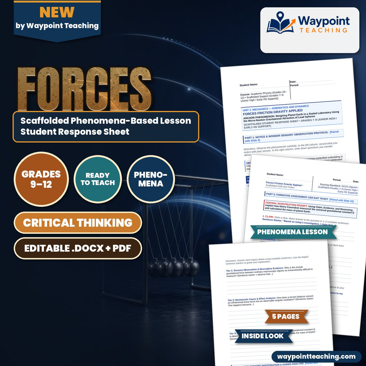 Forces: Friction, Gravity, & Applied Forces Scaffolded Phenomena-Based Lesson: Weighing Planet Earth in a Sealed Laboratory Using the Micro-Newton Gravitational Attraction of Lead Spheres Student Response Sheet cover