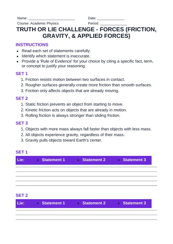 Forces: Friction, Gravity, & Applied Forces Truth or Lie Challenge sample page